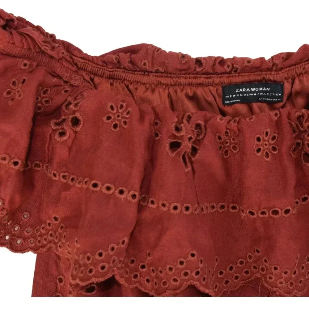 ZARA || Women's Burnt Clay Eyelet Romper Off Shoulder Medium Vacation Resortwear